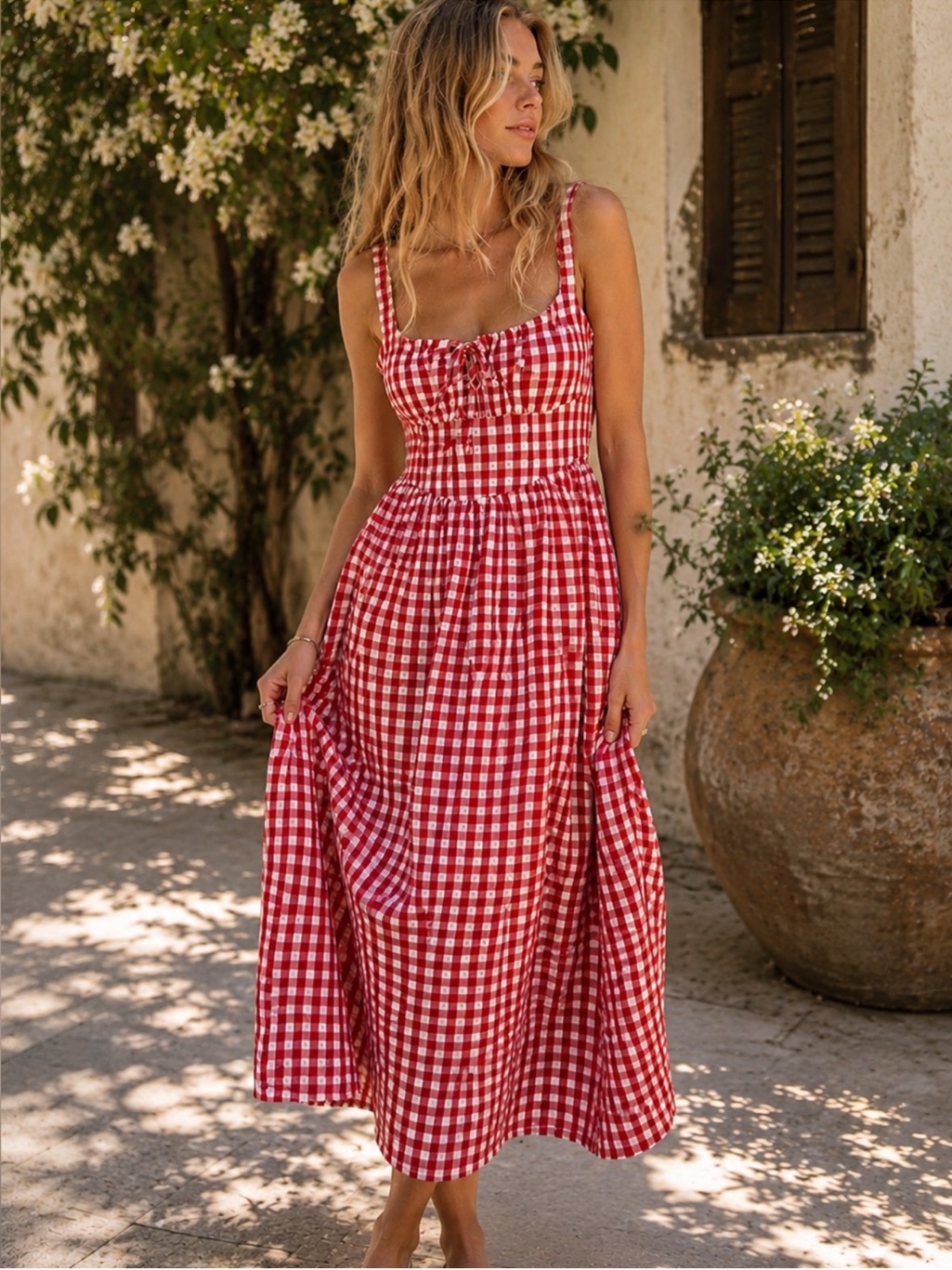 Red Gingham Bow Tie Front Midi Dress Nwt